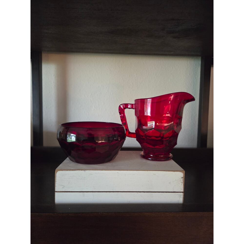 Viking Amberina Georgian Ruby Red Creamer & Open Bowl Sugar Set Vintage Glass